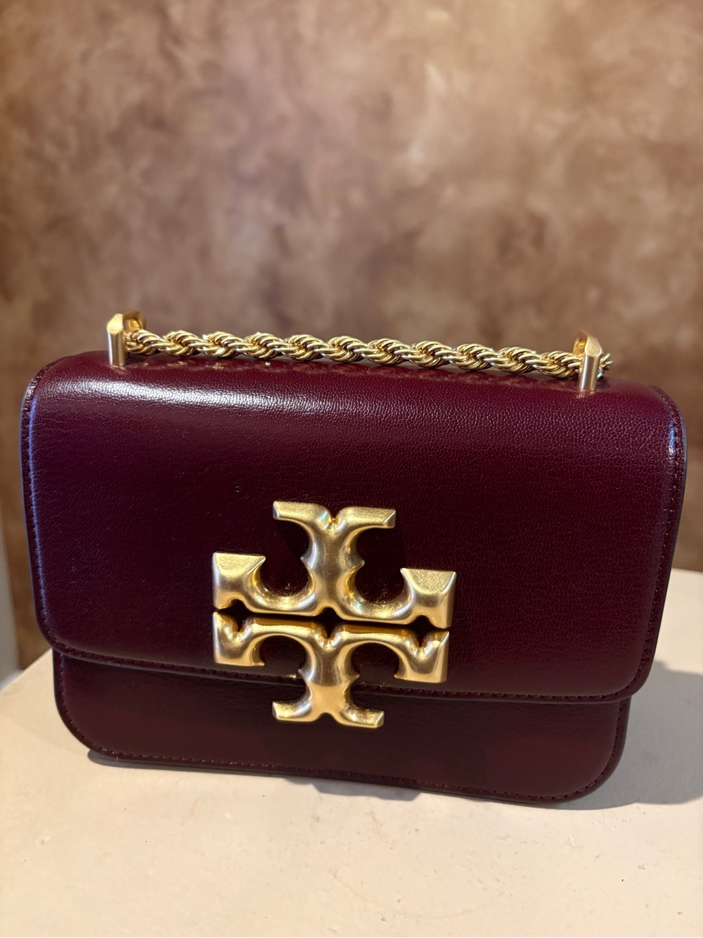 Tory Burch Burgundy Leather Crossbody with Gold Logo and Chain